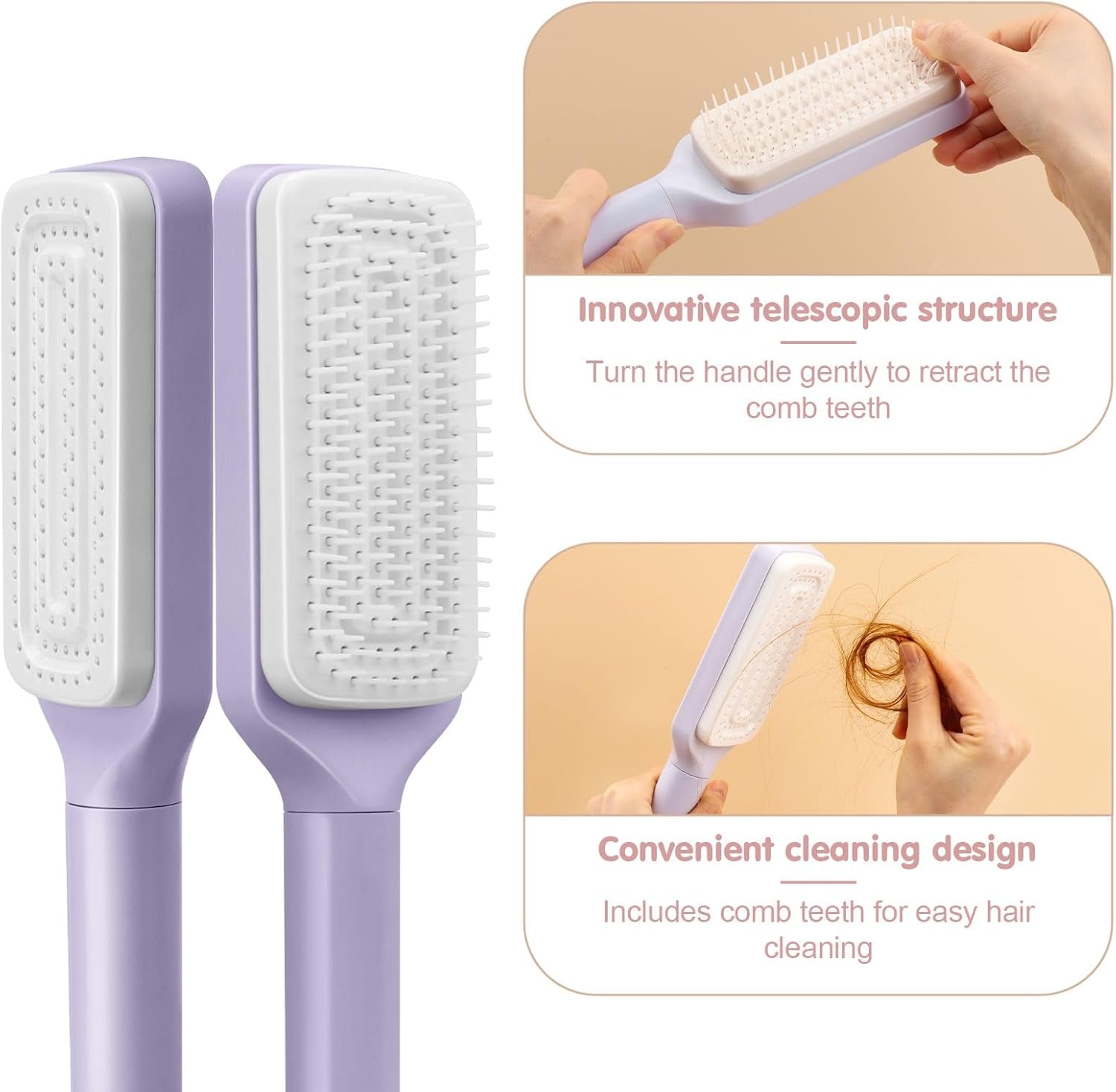 Revolutionary Self-Cleaning Hair Brush Set - 2PCS One-Click Comb for Effortless Styling, Perfect for All Hair Types with 3D Airbag Design (Purple + Gray)