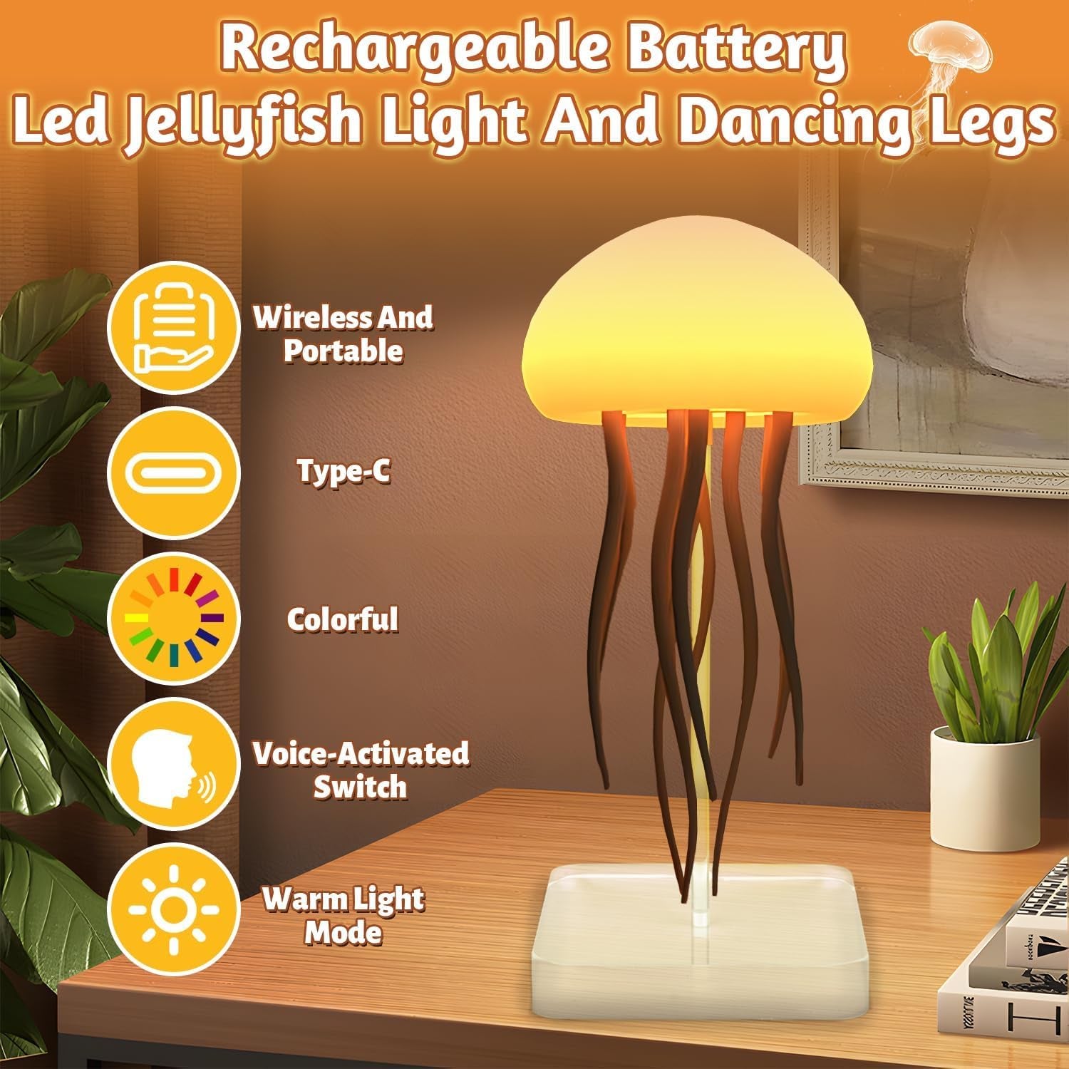 Jellyfish Lamp, LED Fantasy Jellyfish Light, RGB Gradient Voice Control Jelly Fish Mood Lamp with Dancing Tentacles, USB Rechargeable Sensory Lamp with 2 Modes, for Home Office Decor