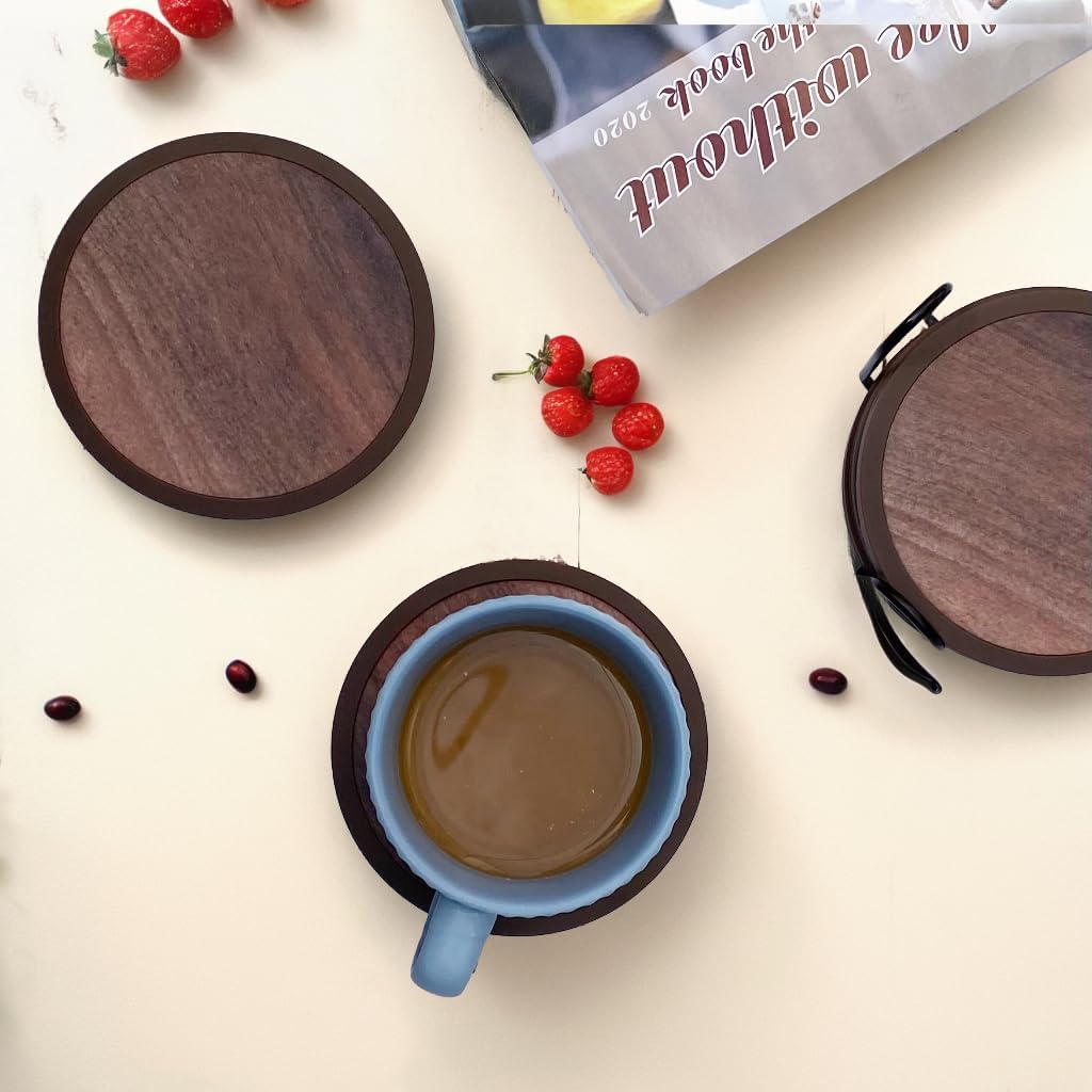 Stylish and Functional Absorbent Coasters with Holder - 6-Pack Silicone Drink Coasters with Felt Inserts in Elegant Wooden Style