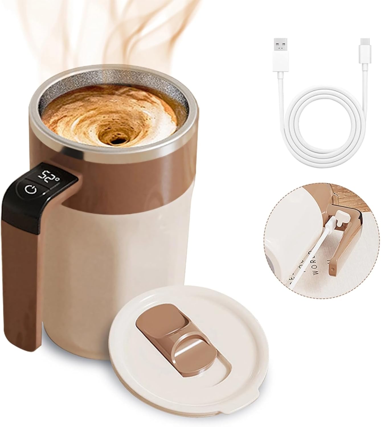 Revolutionize Your Coffee Experience with Our Self-Stirring Mug - 400ML Automatic Mug with LCD Temperature Display in Stylish Beige & Coffee Brown!