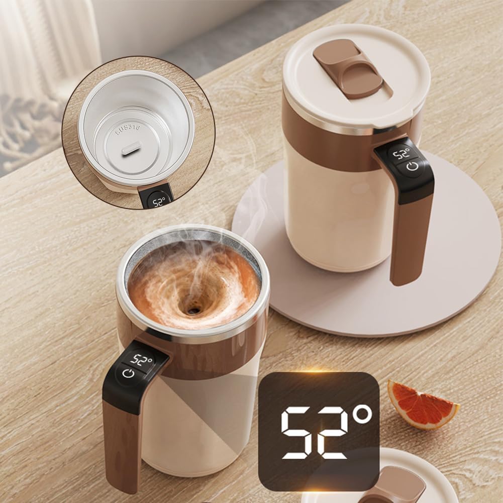 Revolutionize Your Coffee Experience with Our Self-Stirring Mug - 400ML Automatic Mug with LCD Temperature Display in Stylish Beige & Coffee Brown!
