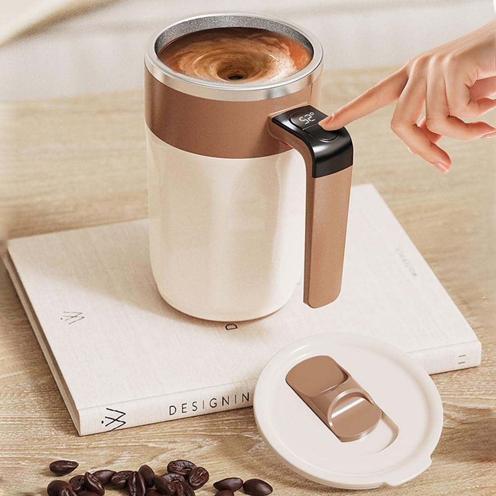 Revolutionize Your Coffee Experience with Our Self-Stirring Mug - 400ML Automatic Mug with LCD Temperature Display in Stylish Beige & Coffee Brown!