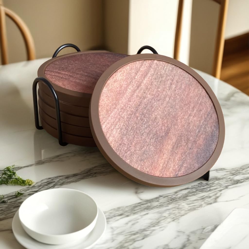 Stylish and Functional Absorbent Coasters with Holder - 6-Pack Silicone Drink Coasters with Felt Inserts in Elegant Wooden Style