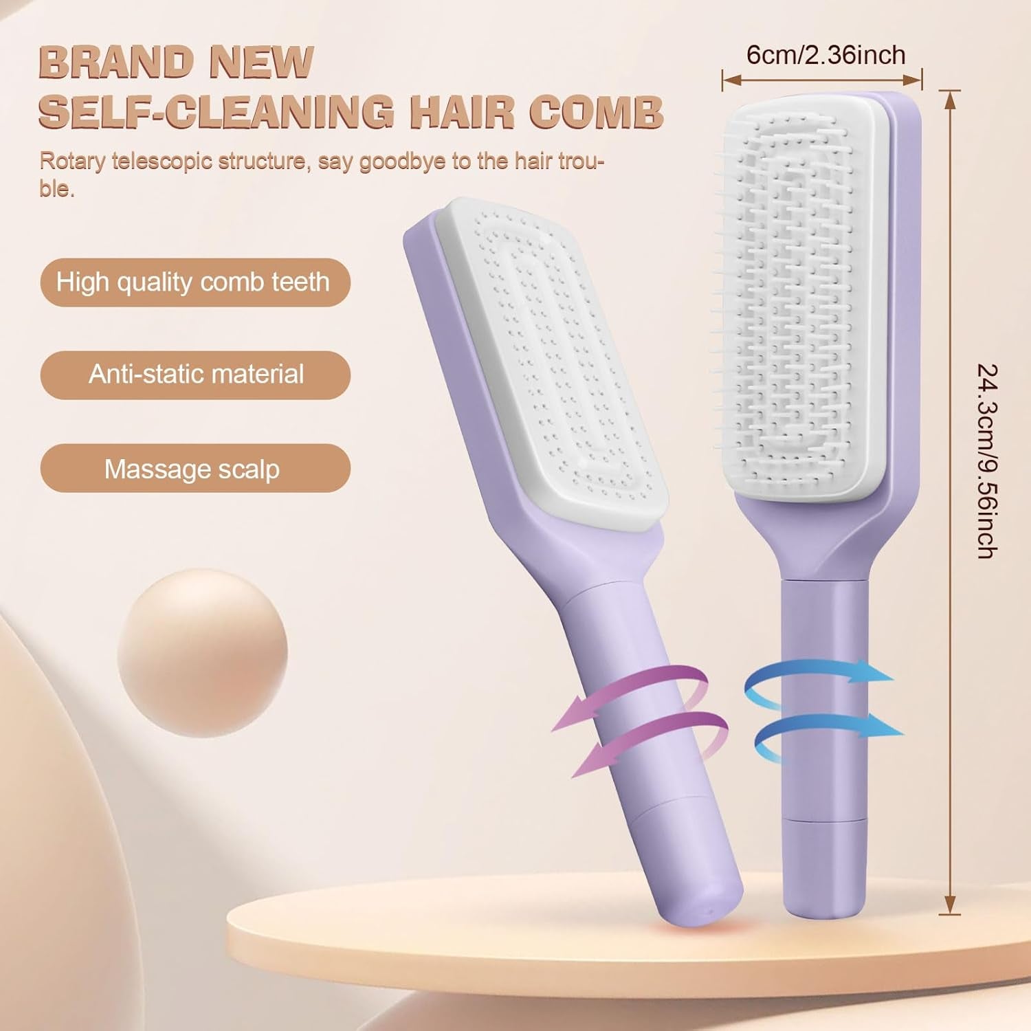 Revolutionary Self-Cleaning Hair Brush Set - 2PCS One-Click Comb for Effortless Styling, Perfect for All Hair Types with 3D Airbag Design (Purple + Gray)