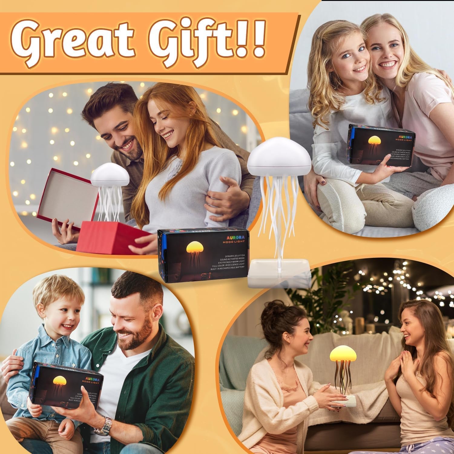 Jellyfish Lamp, LED Fantasy Jellyfish Light, RGB Gradient Voice Control Jelly Fish Mood Lamp with Dancing Tentacles, USB Rechargeable Sensory Lamp with 2 Modes, for Home Office Decor